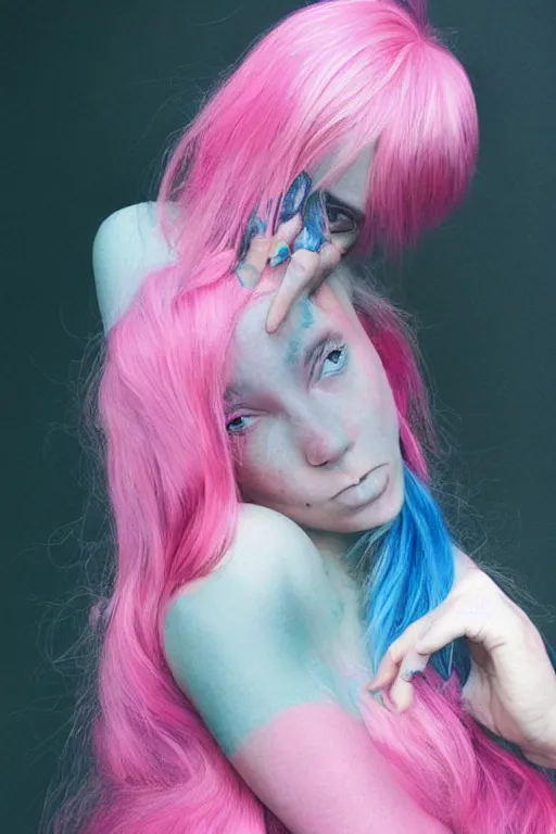 Image similar to “portrait of a depressed female multi-millionaire, pink and blue hair, surrealist”