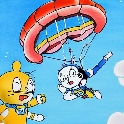 Image similar to drawing of doraemon violently skydiving