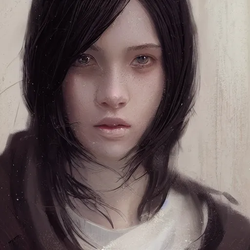 Image similar to portrait of a young woman by greg rutkowski, she is about 2 0 years old, mixture between russian and japanese, pretty, black bob hair with two strands around her face, very tall and slim, wearing a oversized jumper jumpsuit, highly detailed portrait, digital painting, artstation, concept art, smooth, sharp foccus ilustration, artstation hq