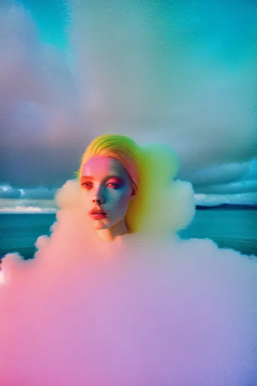 Image similar to high quality pastel coloured film close up wide angle photograph of a model wearing clothing swimming on cloud furniture in a icelandic black rock!! environment in a partially haze filled dreamstate world. three point light, rainbow. photographic production. art directed. pastel colours. volumetric clouds. pastel gradient overlay. waves glitch artefacts. extreme facial clarity. 8 k. filmic.