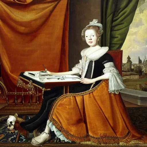 Prompt: 1600s oil painting of a Dutch aristocrat sitting on a couch in a fancy room using a laptop, 8k, highly intricate, highly detailed,