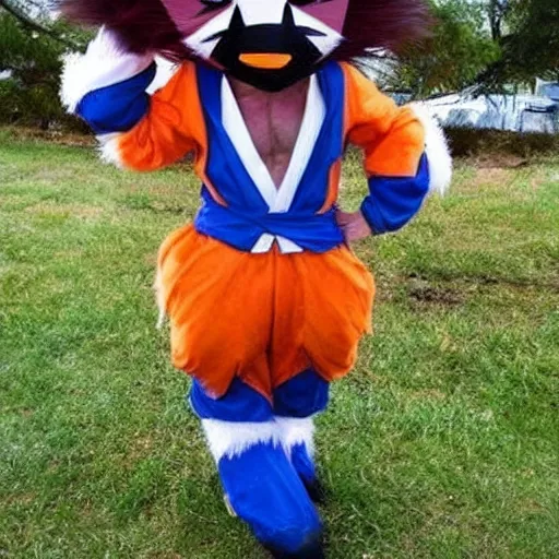 Image similar to a racoon dressed up as goku, realistic.