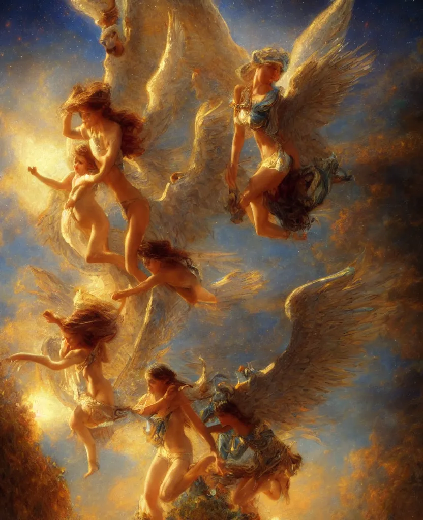 Prompt: two angels going back to heaven, by gaston bussiere, epic painting, semi realism, artstation, big wings, night sky, octane render, 8 k, golden ratio