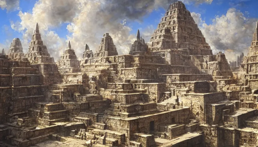 Image similar to excellent hyperrealist painted futuristic Aztec temples somewhere in Europe with fluffy clouds, painted by Hans Fredrik Gude, Greg Rutkowksi, Craig Mullins and Artgerm, masterpiece, 4k, ultra realistic highly detailed oil painting