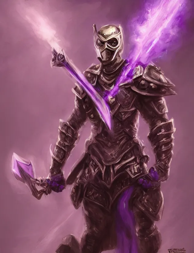 Image similar to a masked warrior in purple armour glowing violet, wielding a large purple sword that flashes with lightning, by frank fazetta and peter mohrbacher, trending on artstation, digital art, 4 k resolution, detailed, high quality, hq artwork, coherent, insane detail, concept art, character concept, character full body portrait