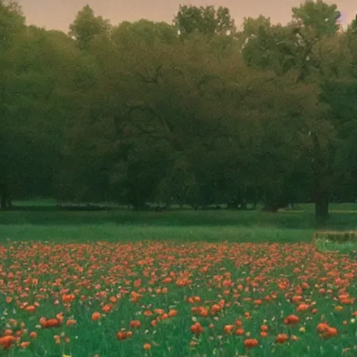 Prompt: 1 9 8 0 s movie ultra wide scene of a cult in a field of flowers, a scene from midsommar, old damage vhs, crt, bright lighting, 1 0 mm film, hyperrealistic, beautiful lighting