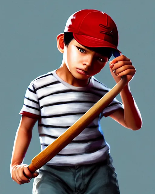 Image similar to a young boy wearing a horizontal striped shirt and a red baseball cap, holding a baseball bat, digital painting, artstation, concept art, sharp focus, octane render, illustration, art by ayami kojima, apex legends character,