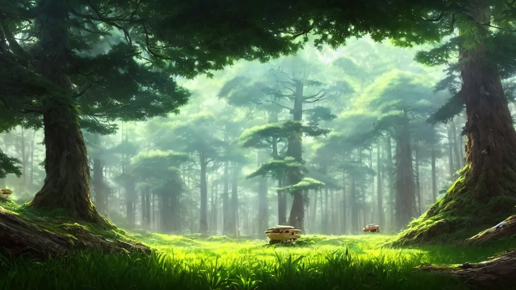 Image similar to forest clearing landscape, studio ghibli, pixar and disney animation, sharp, rendered in unreal engine 5, highly detailed, digital painting, artstation, concept art, smooth, sharp focus, illustration, wide angle, artbook, wallpaper, splash art, promo art, dramatic lighting, art by artgerm and greg rutkowski and bo chen and jin xiaodi