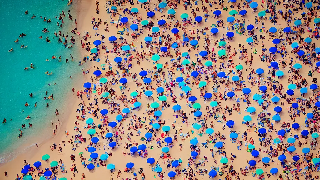 Image similar to photograph beachscapes satellite view imagery, Aerial view of beautiful sandy beach with hundreds of umbrellas and sea, Aerial of a crowded sandy beach with colourful 1970s umbrellas sun bathers and swimmers during summer, golden sand and clear blue sea, by Tommy Clarke and Joshua Jensen-Nagle