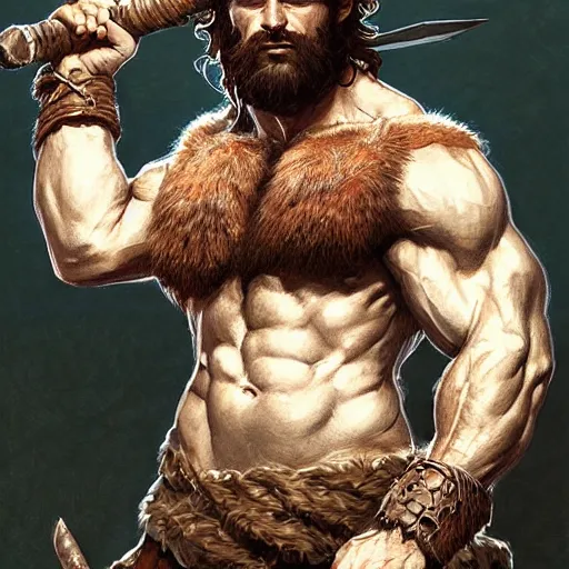 Image similar to portrait of a young rugged male barbarian, handsome, upper body, hairy torso, D&D, fantasy, intricate, elegant, highly detailed, digital painting, artstation, concept art, smooth, sharp focus, illustration, art by artgerm and greg rutkowski and alphonse mucha