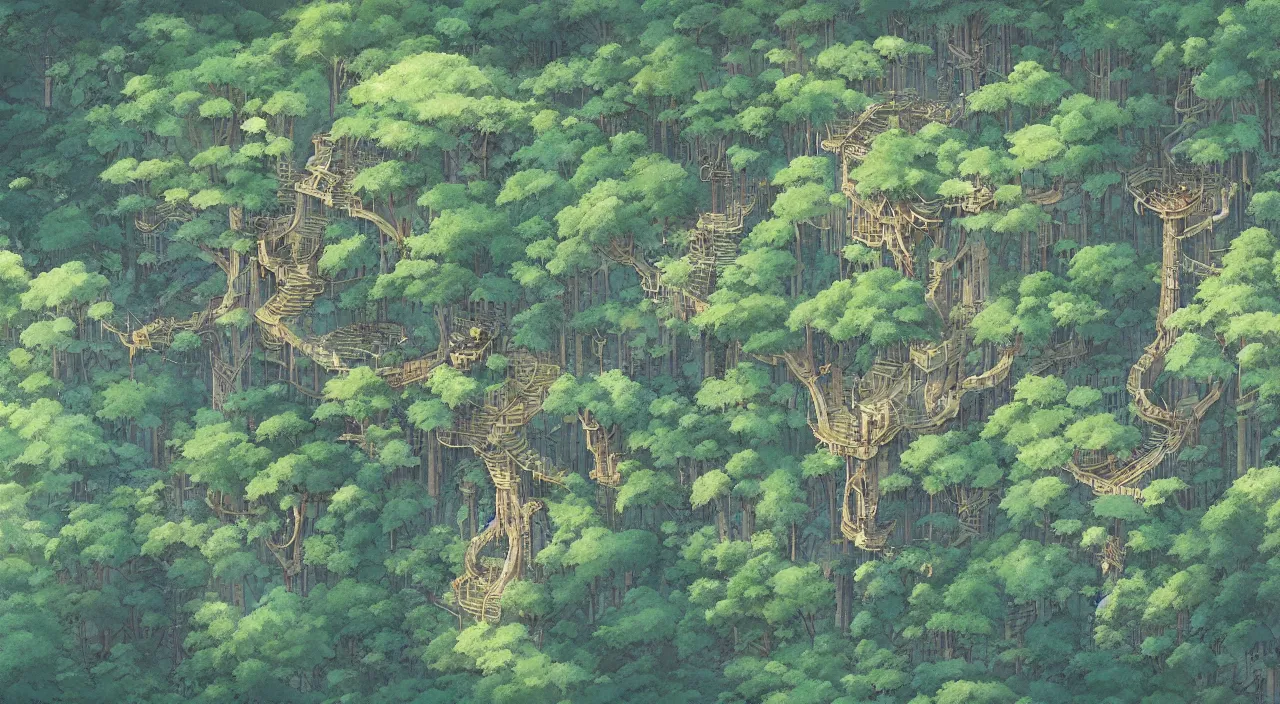 Prompt: aerial view of treetop canopy, intricate, detailed, by studio ghibli and greg rutkowski,