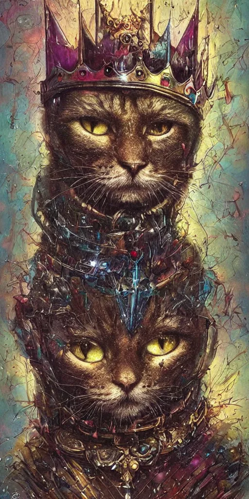 Image similar to a humanoid king old cat with a crown, Atmospheric beautiful by Stanley Artgerm, Tom Bagshaw, Arthur Adams, Carne Griffiths, trending on Deviant Art, street art, chillwave, maximalist, full of color, glittering, 8k, hd