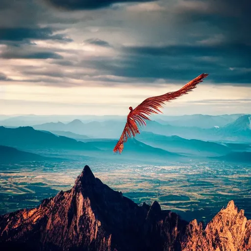 Image similar to winged man, flying over a mountain, dramatic lighting, 4 k, photography, award winning photo