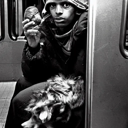 Image similar to homeless lord beerus, 1980s new york subway