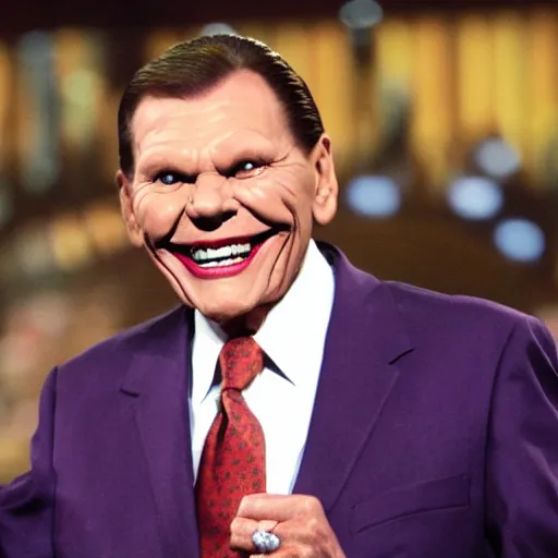 Prompt: pastor kenneth copeland as the joker on his televangelist megachurch pulpit