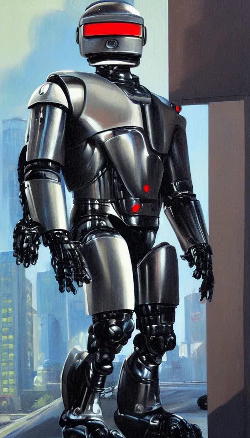 Image similar to robocop, oil painting, rim lighting, by jeff smith