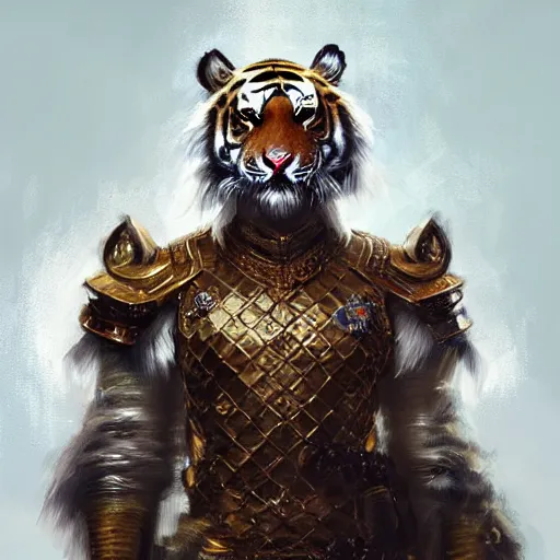 Prompt: commission of a tiger wearing diamond victorian armour ,character design by charles bowater,greg rutkowski,ross tran,hyperdetailed,hyperrealistic,4k,deviantart,artstation,professional photography,concept art