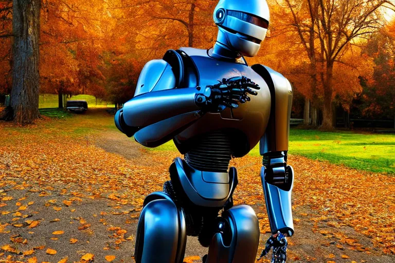 Image similar to real life robocop, ultra realistic!!!, autumn, clear weather, golden hour, sharp focus