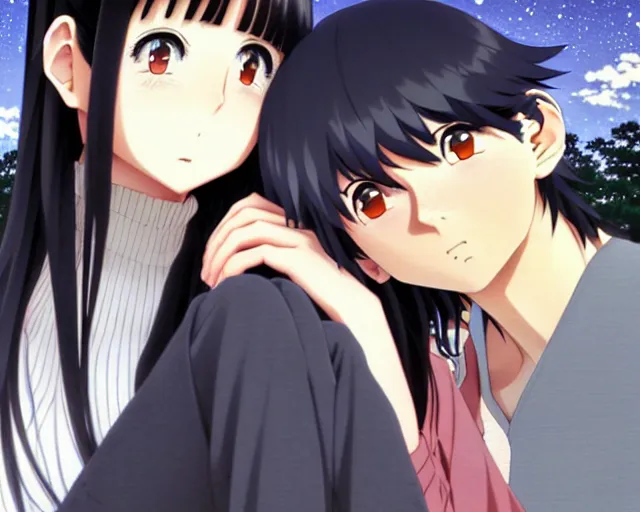 Image similar to beautiful anime girl with long black hair and bangs, beautiful anime guy with black hair, wearing black clothes, siblings, fine details portrait, japense village in background, bokeh. anime masterpiece by Studio Ghibli. illustration, sharp high-quality anime illustration in style of Ghibli, Ilya Kuvshinov, Artgerm