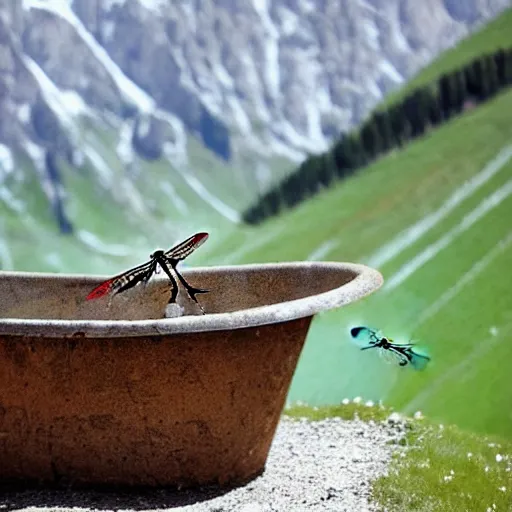 Prompt: dragonfly in a bathtub in the alps, goats!!!!!!!! in background