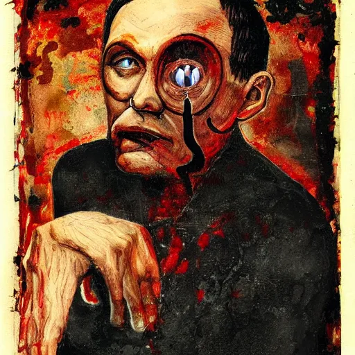 Image similar to portrait of alexander abdulov, with a red eyes, satanic body, head of old man, in blood of sinners, hellish style