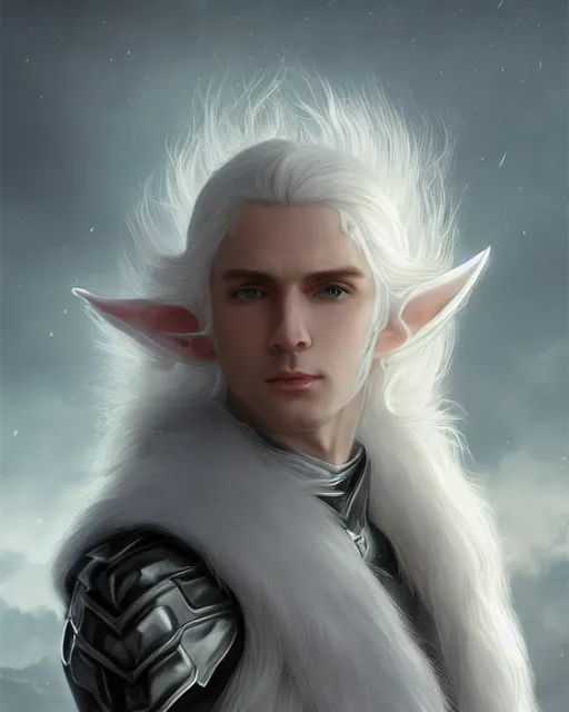 Image similar to portrait, beautiful male elf, long wavy white hair, super detailed, light black armor with silver accenting, silver jewelry, fur lined cape, 8 k, filmic, octane render, moonlight, snow, clouds, torch light on the right, artstation, greg rutkowski, rossdraws, william bouguereau, sharp focus