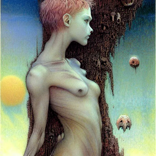 Image similar to cute young vampire tomboy girl with short short short dark hairs on lovecraftian planet by jean delville by luis royo and wayne barlowe, beksinski