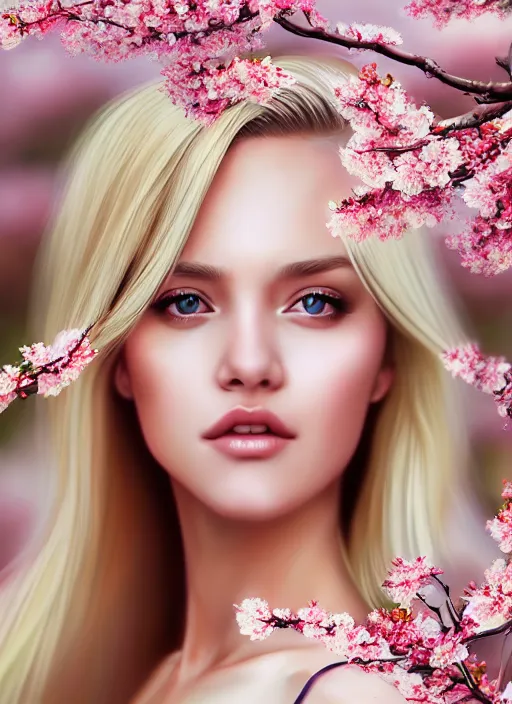 Image similar to photo of a gorgeous blonde female in the style of stefan kostic, realistic, half body shot, sharp focus, 8 k high definition, insanely detailed, intricate, elegant, art by stanley lau and artgerm, extreme blur cherry blossoms background