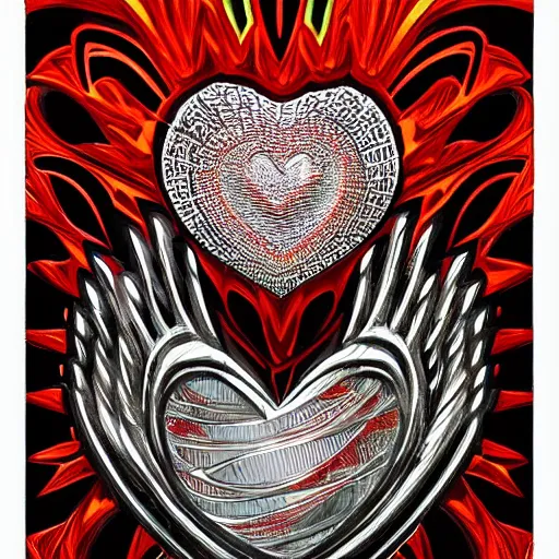 Image similar to a chrome carved heart, intricate artwork, red, orange, yellow colors, graphic style of Patrick Gleason very coherent symmetrical artwork,