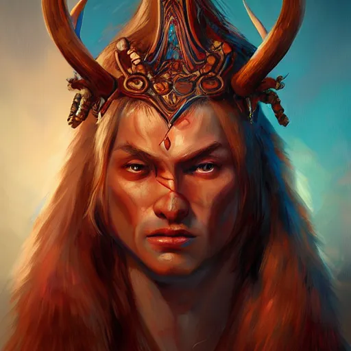 Image similar to Dramatic portraiture of Uuen, the Pictish god of stags, mixed media, trending on ArtStation, by Viktor Vasetnov and ArtGerm, luminism