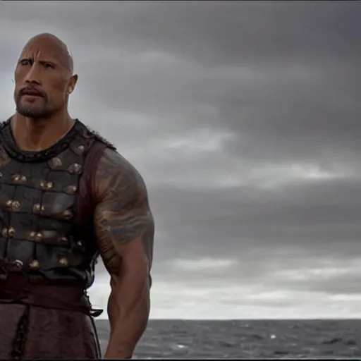 Image similar to dwayne johnson in vikings on a boat 4 k quality super realistic