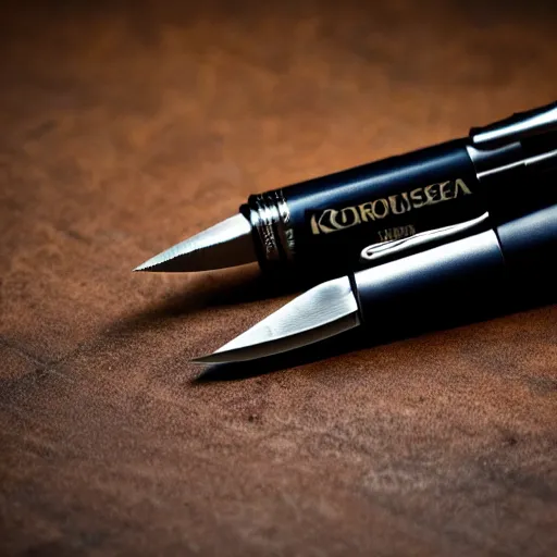 Prompt: a photo of an ink pen that is also knife by corona krause