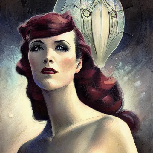 Prompt: a streamline moderne, ( art nouveau ), ( ( dieselpunk ) ) portrait in the style of charlie bowater, and in the style of donato giancola, and in the style of charles dulac. intelligent face. symmetry, ultrasharp focus, dramatic lighting, semirealism, intricate symmetrical ultrafine background detail.