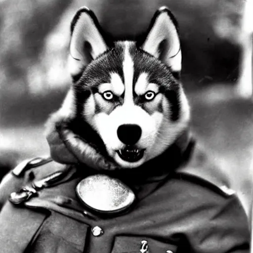 Prompt: close up of a husky wearing soldier helmet in the battle, ww 2 historical photography, black & white