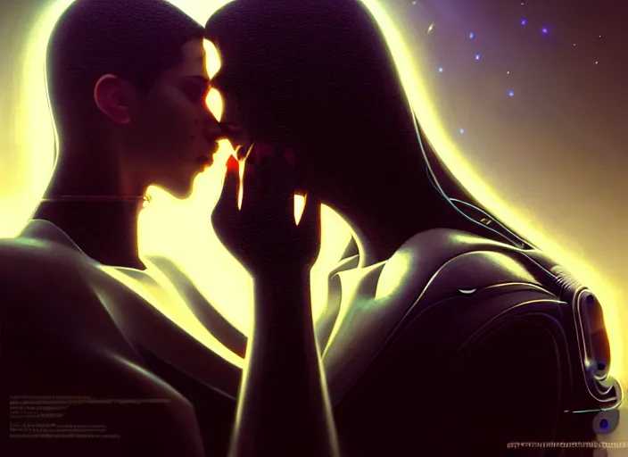 Image similar to cyberpunk, sci - fi, fantasy, hyper realistic ultra realistic medium shot of a couple of cyborgs kissing, lovers, artstation, soft light, volumetric lighting, night, intricate, highly detailed, digital painting, concept art, smooth, sharp focus, illustration, art by artgerm and greg rutkowski and alphonse mucha