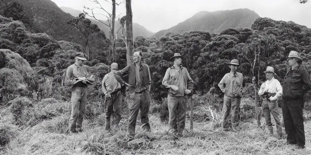 Image similar to louis theroux interviewing kauri loggers at great barrier island, new zealand 1 9 2 0's