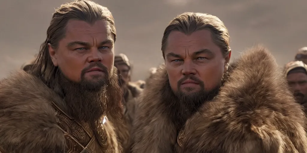 Image similar to Leonardo DiCaprio as Gengis Khan in 'Ghengis' (2021), movie still frame