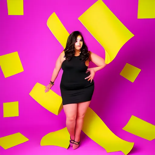 Image similar to professional photoshoot. 3 point lighting. key light magenta, rim light purple, fill light magenta. super attractive female glamour model in photo studio with yellow paper backdrop. aspect ratio wallpaper