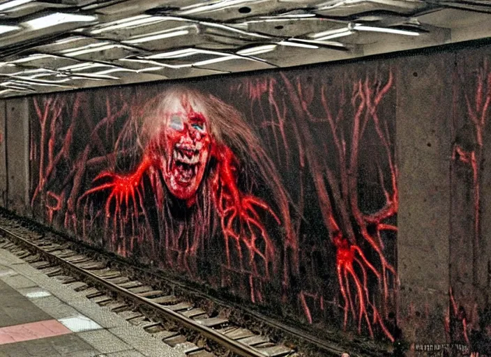 Image similar to very large giant mutant zombie irradiated ( angry rat ) staying on railways in tonnel of moscow subway. extreme high detail, very realistic. extreme long shot, low dark light, scary mood. hermann nitsch.