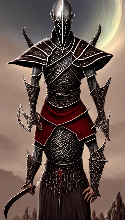 Image similar to hyperrealistic full body image of morrowind dunmer male nerevarine in front of balmora, red eyes, daedric script, telvanni, symmetrical face, handsome face, full body dnd character portrait, medieval armor, morrowind armor, oblivion armor, skyrim armor, eso armor, intricate, highly detailed, elegant, artstation, deviantart