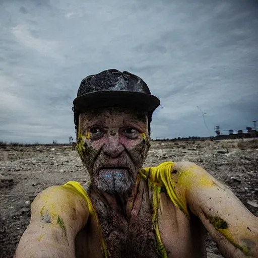 Image similar to selfie of the last surviving ukrainian, wild pain and damage to the body burns alive to the bone, painted in dirty yellow - blue colors, a huge nuclear explosion is approaching in the background