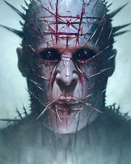 Prompt: demonic, sly, cunning, hellish creature from the hellraiser movies, face centered portrait, confident, unused design, nightmare world, fog, rain, volumetric lighting, realistic illustration, perfectly shaded, soft painting, art by krenz cushart and wenjun lin