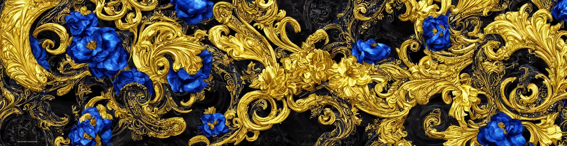 Image similar to black blue yellow porsche 9 1 1, complicated gold and blue flowers the baroque style decoration, dark fantasy, intricate, elegant, highly detailed, digital painting, artstation, concept art, matte, 3 d 8 k octane rendered, sharp focus, illustration, octane rendered, art by artgerm