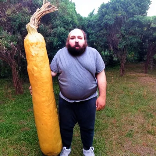 Image similar to a photo of a very hairy and angry very fat man with long hair holding a 1 m long yam