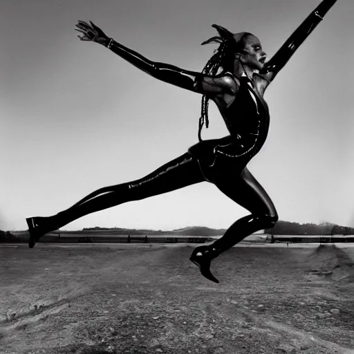 Image similar to a solarpunk cyborg jumping, jete, in the syle of helmut newton, herb rits, hyperrealistic photograph, 8 k