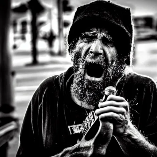 Prompt: A homeless man singing a metal song, black and white.