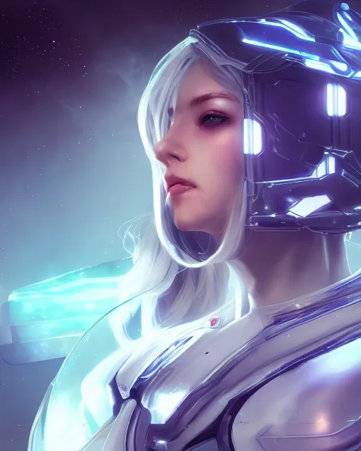 Image similar to perfect android girl on a mothership, warframe armor, beautiful face, scifi, futuristic, galaxy, nebula, raytracing, dreamy, long white hair, blue cyborg eyes, sharp focus, cinematic lighting, highly detailed, artstation, divine, by gauthier leblanc, kazuya takahashi, huifeng huang