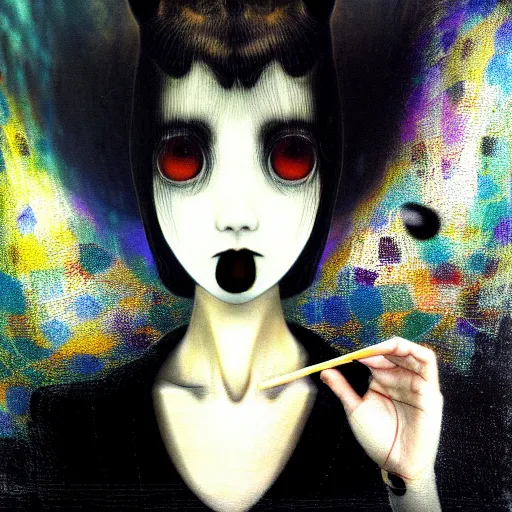 Prompt: yoshitaka amano blurred and dreamy minimalistic oil portrait of a young woman with black lipstick and black eyes wearing dress suit with tie, junji ito abstract patterns in the background, satoshi kon anime, noisy film grain effect, highly detailed, renaissance oil painting, wide brush strokes, weird portrait angle, blurred lost edges