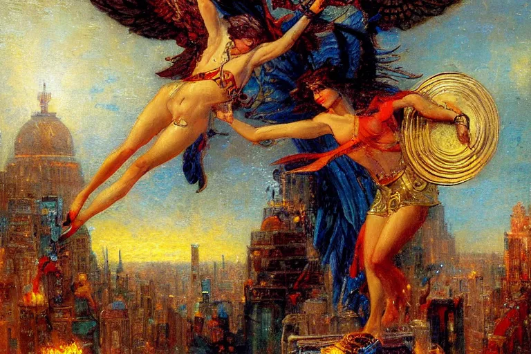 Image similar to portrait of the god hermes in modern times flying through a city to delivering pizza. art by gaston bussiere.