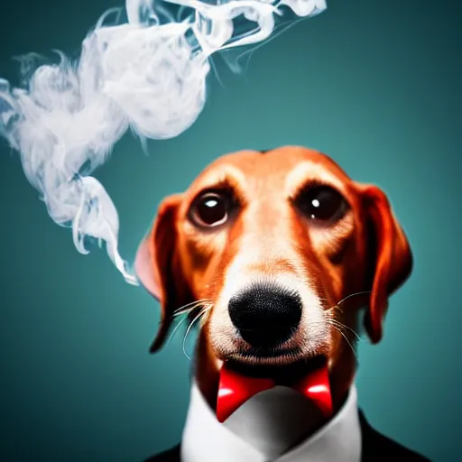 Image similar to a high detail closeup photograph of a dog wearing a suit 👔,and smoking a cigarrette🚬, award wining photograph, digital art